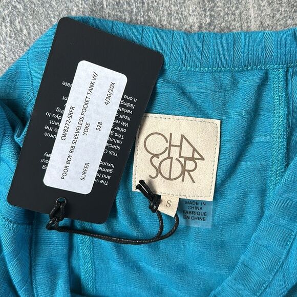 NWT Chaser Relaxed Fit Poor Boy Wide Rib Sleeveless Pocket Tank Turquoise Small - Picture 4 of 10